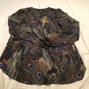 zac & rachael top peacock feathers long sleeve quarter zipper sheer size M